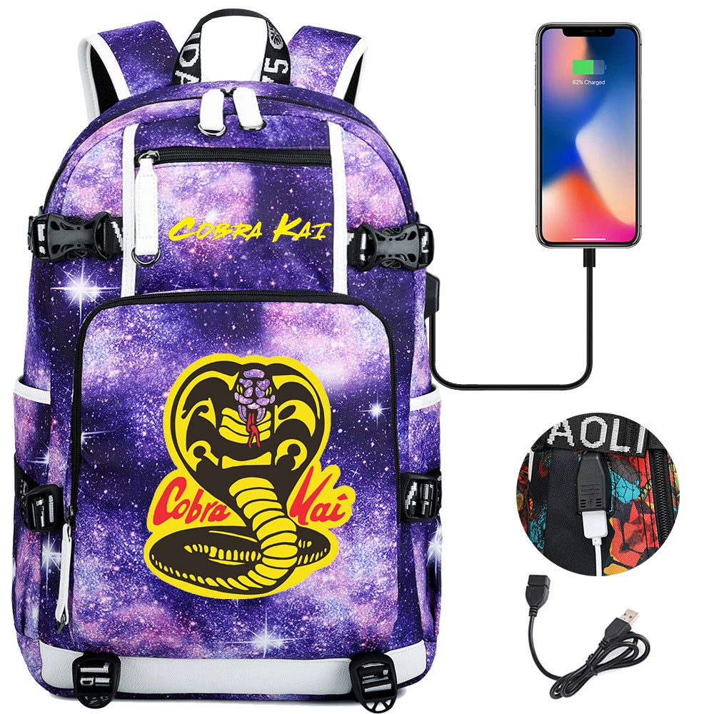 Cobra Kai Backpack Girl Boy Schoolbag Large Capacity Laptop Bag Waterproof Multifunction USB Charging Backpack