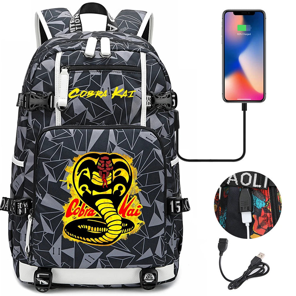 Cobra Kai Backpack Girl Boy Schoolbag Large Capacity Laptop Bag Waterproof Multifunction USB Charging Backpack