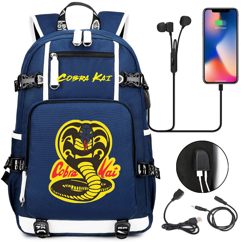 Cobra Kai Backpack Girl Boy Schoolbag Large Capacity Laptop Bag Waterproof Multifunction USB Charging Backpack