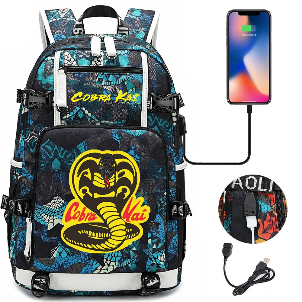 Cobra Kai Backpack Girl Boy Schoolbag Large Capacity Laptop Bag Waterproof Multifunction USB Charging Backpack