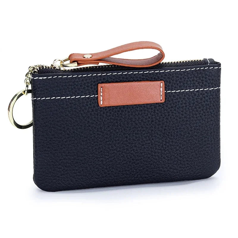 Coin Mini Wallet with Key Chain Ring Zipper for Women Fashion Change Pocket Cow Leather Classic Clutch Purse