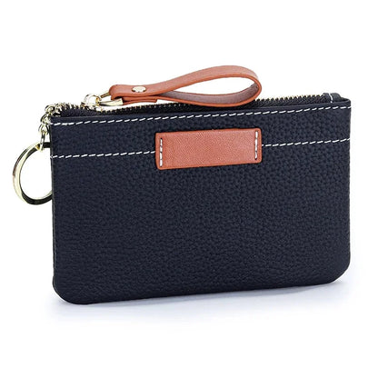 Coin Mini Wallet with Key Chain Ring Zipper for Women Fashion Change Pocket Cow Leather Classic Clutch Purse