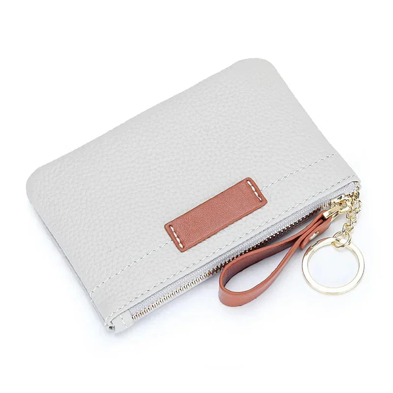 Coin Mini Wallet with Key Chain Ring Zipper for Women Fashion Change Pocket Cow Leather Classic Clutch Purse