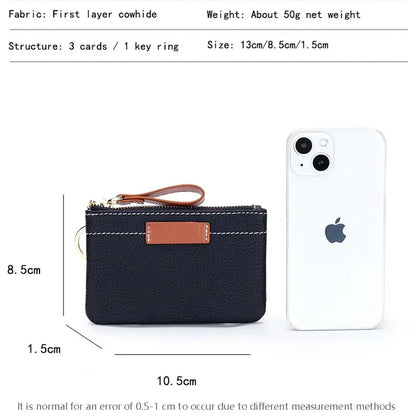 Coin Mini Wallet with Key Chain Ring Zipper for Women Fashion Change Pocket Cow Leather Classic Clutch Purse