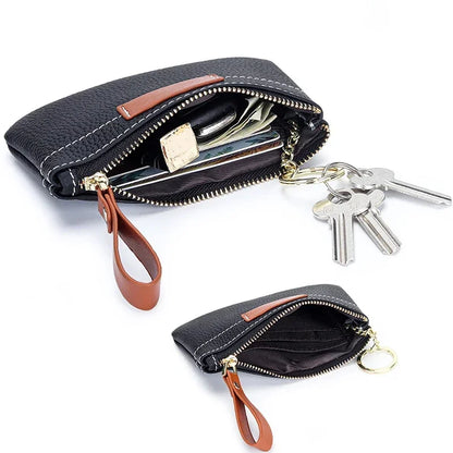 Coin Mini Wallet with Key Chain Ring Zipper for Women Fashion Change Pocket Cow Leather Classic Clutch Purse