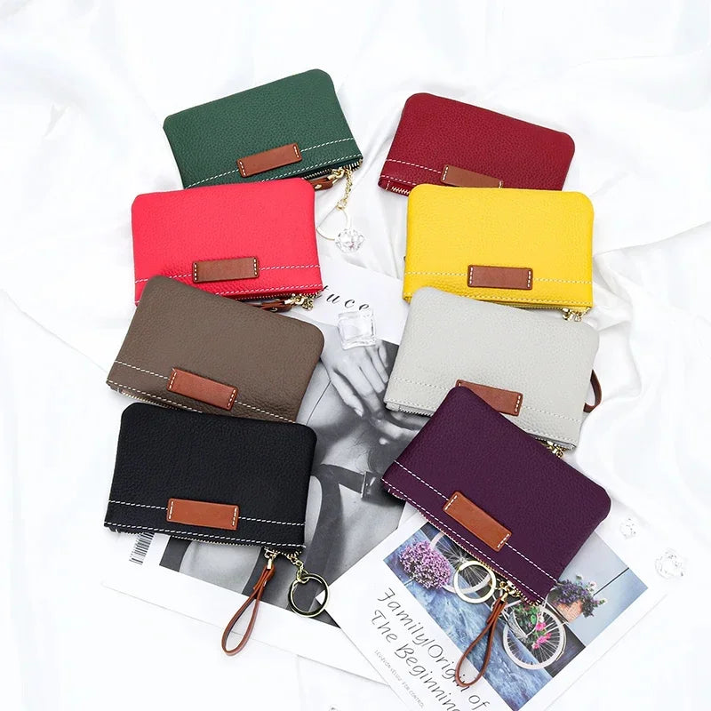Coin Mini Wallet with Key Chain Ring Zipper for Women Fashion Change Pocket Cow Leather Classic Clutch Purse