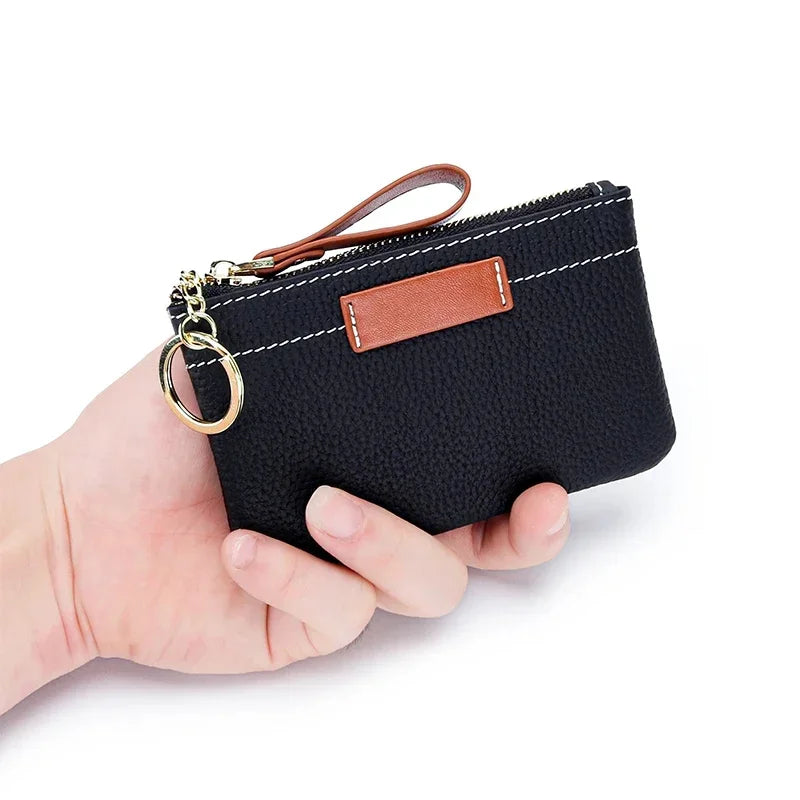 Coin Mini Wallet with Key Chain Ring Zipper for Women Fashion Change Pocket Cow Leather Classic Clutch Purse