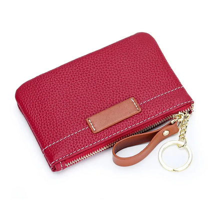 Coin Mini Wallet with Key Chain Ring Zipper for Women Fashion Change Pocket Cow Leather Classic Clutch Purse