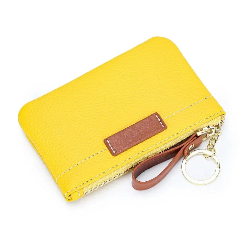 Coin Mini Wallet with Key Chain Ring Zipper for Women Fashion Change Pocket Cow Leather Classic Clutch Purse