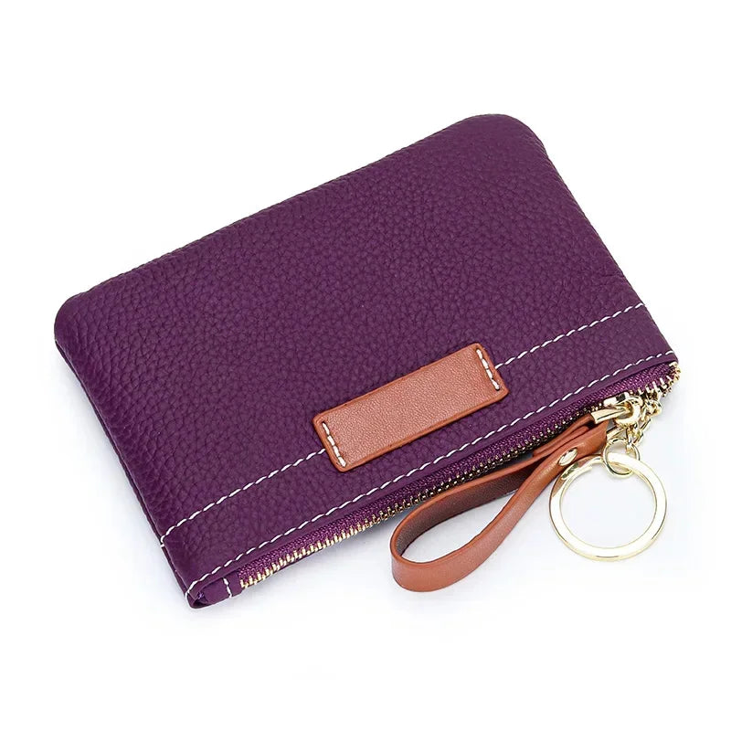 Coin Mini Wallet with Key Chain Ring Zipper for Women Fashion Change Pocket Cow Leather Classic Clutch Purse