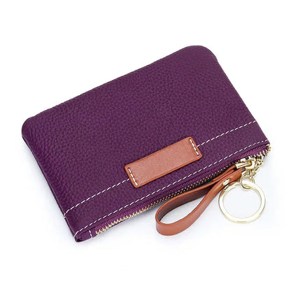 Coin Mini Wallet with Key Chain Ring Zipper for Women Fashion Change Pocket Cow Leather Classic Clutch Purse