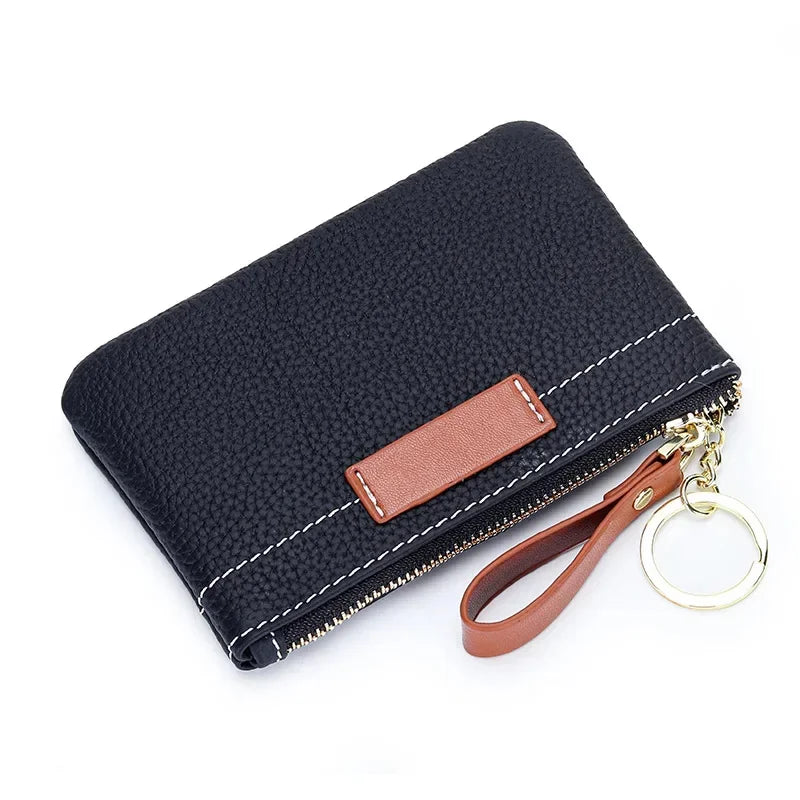 Coin Mini Wallet with Key Chain Ring Zipper for Women Fashion Change Pocket Cow Leather Classic Clutch Purse
