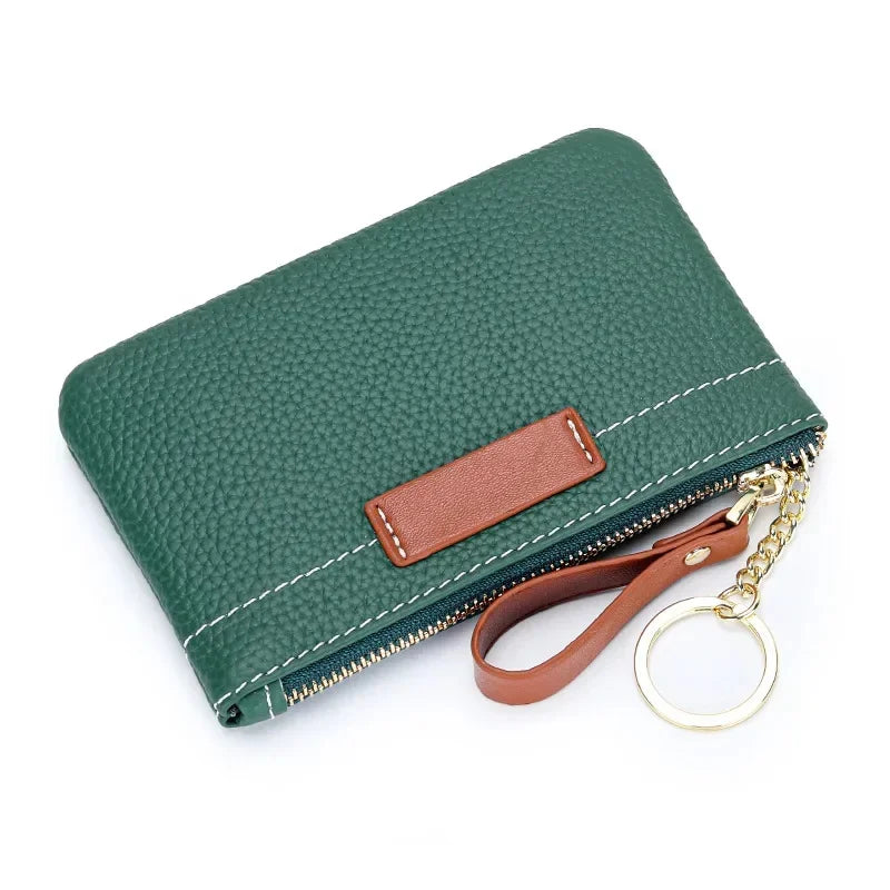 Coin Mini Wallet with Key Chain Ring Zipper for Women Fashion Change Pocket Cow Leather Classic Clutch Purse