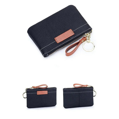 Coin Mini Wallet with Key Chain Ring Zipper for Women Fashion Change Pocket Cow Leather Classic Clutch Purse