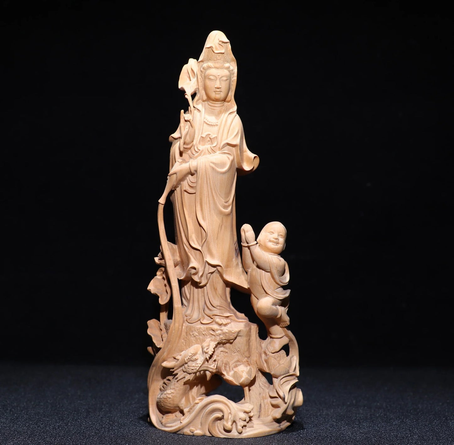 Collect China Box-Wood Hand Carving Buddhism Children Guanyin Staue