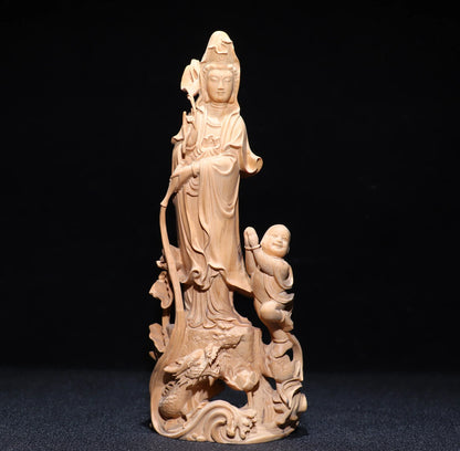 Collect China Box-Wood Hand Carving Buddhism Children Guanyin Staue