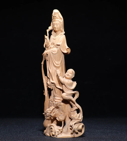 Collect China Box-Wood Hand Carving Buddhism Children Guanyin Staue
