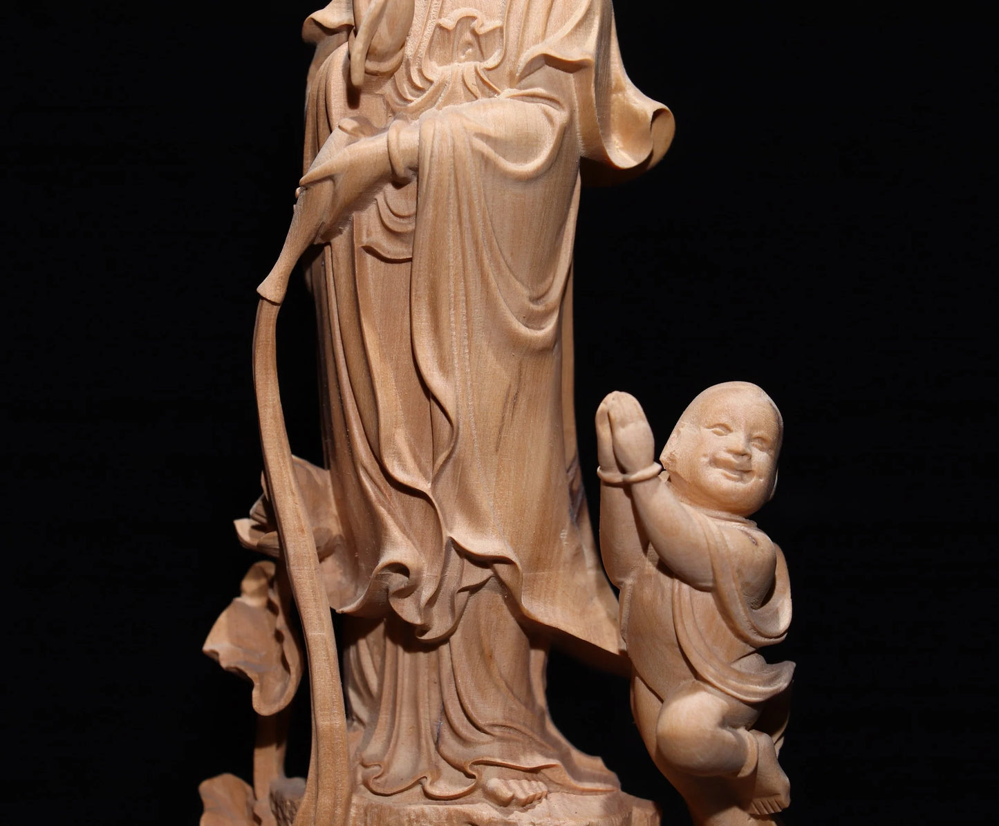 Collect China Box-Wood Hand Carving Buddhism Children Guanyin Staue