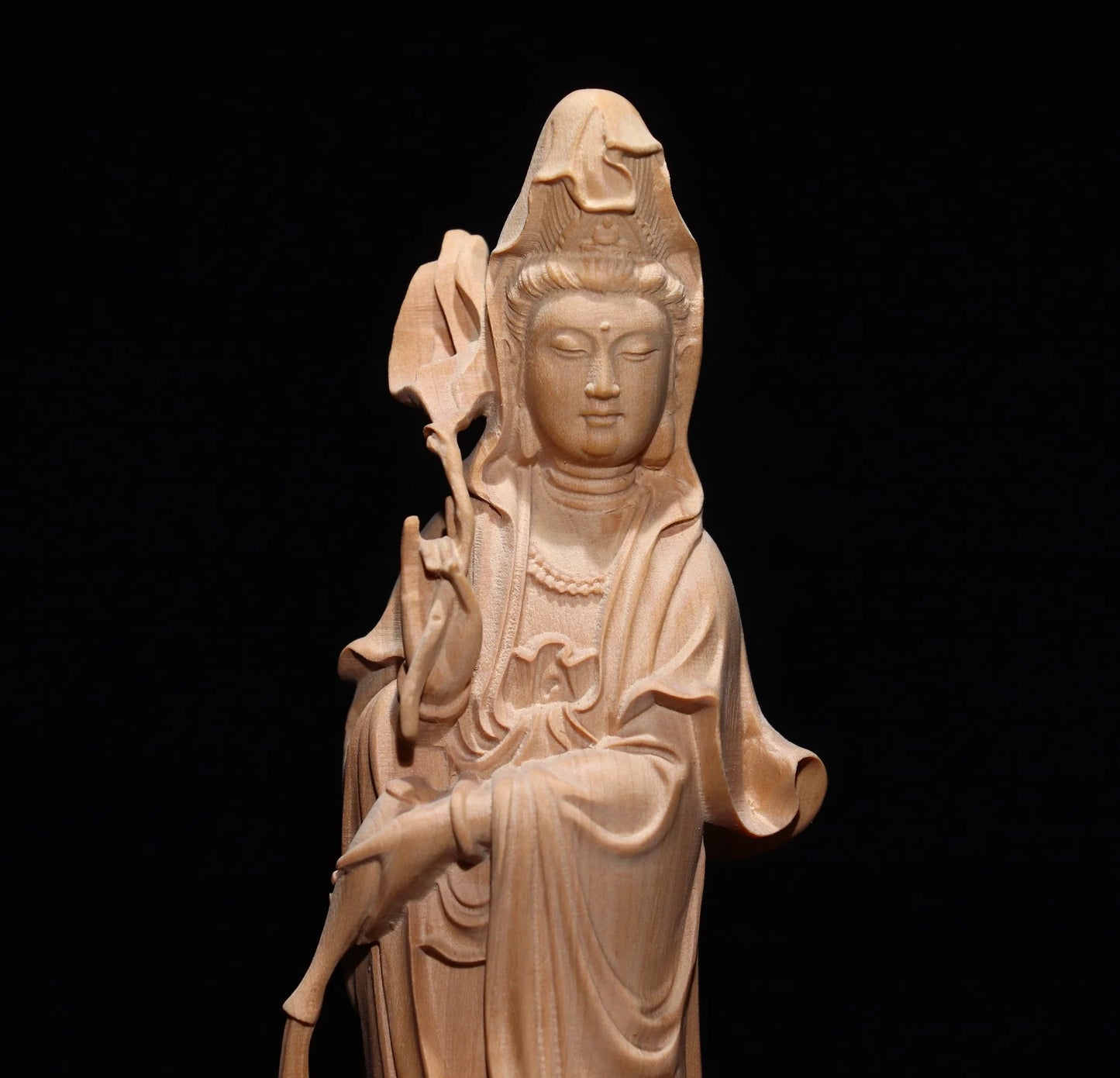 Collect China Box-Wood Hand Carving Buddhism Children Guanyin Staue
