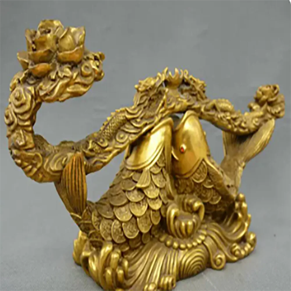 Collect China fengshui old Bronze fish ruyi two dragon auspicious peony statue