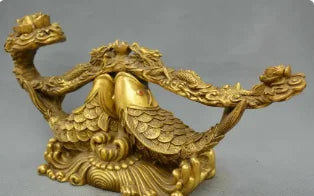 Collect China fengshui old Bronze fish ruyi two dragon auspicious peony statue
