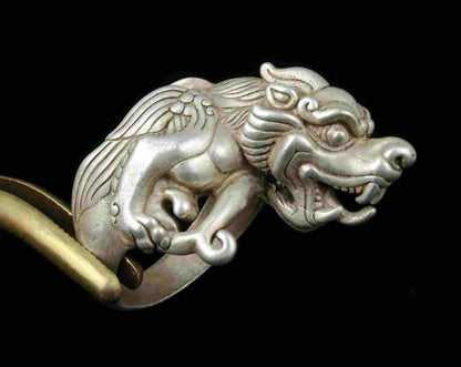Collect Rarity China Hand-Carved Precious Tibetan Silver Ring PI Xiu Statue