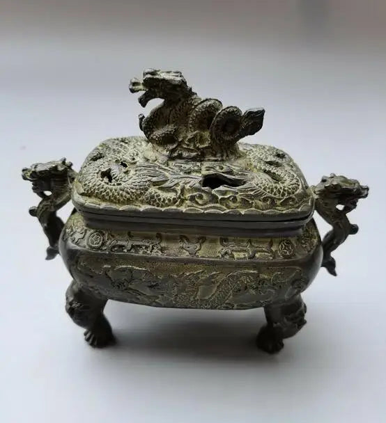 Collect Tibetan Old Chinese Bronze Hand Carved Dragon Incense Burner
