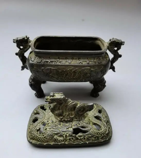 Collect Tibetan Old Chinese Bronze Hand Carved Dragon Incense Burner