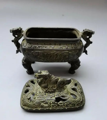 Collect Tibetan Old Chinese Bronze Hand Carved Dragon Incense Burner