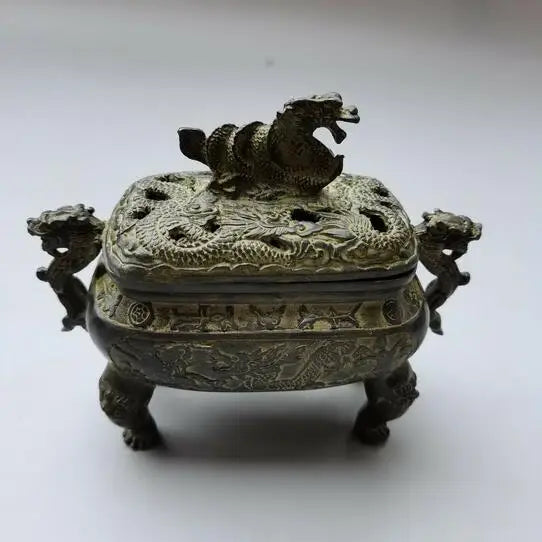 Collect Tibetan Old Chinese Bronze Hand Carved Dragon Incense Burner