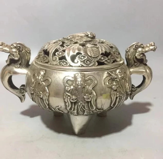 Collect archaize white copper Fu lu shou bat Incense burner crafts statue