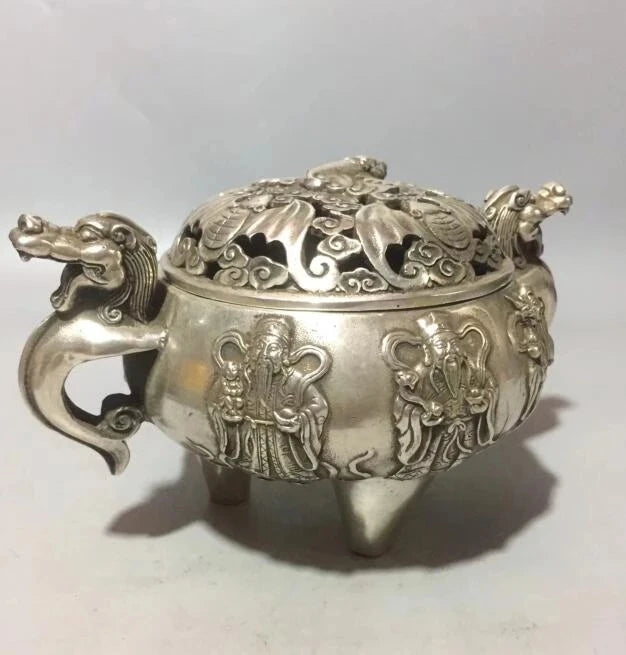 Collect archaize white copper Fu lu shou bat Incense burner crafts statue