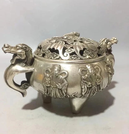 Collect archaize white copper Fu lu shou bat Incense burner crafts statue