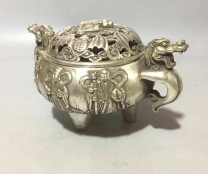 Collect archaize white copper Fu lu shou bat Incense burner crafts statue