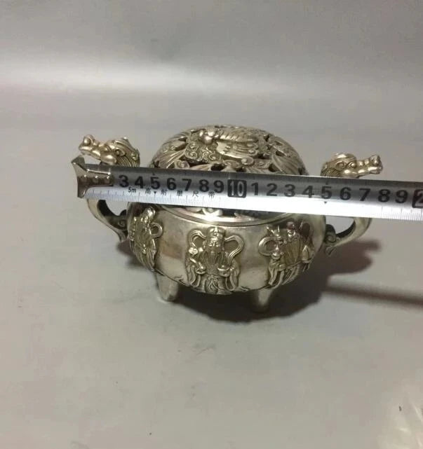 Collect archaize white copper Fu lu shou bat Incense burner crafts statue