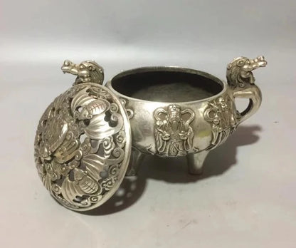 Collect archaize white copper Fu lu shou bat Incense burner crafts statue