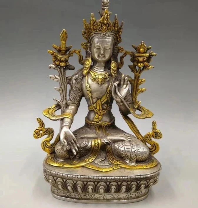Collect archaize white copper handicraft Green tara Buddha statue