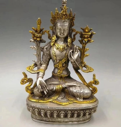 Collect archaize white copper handicraft Green tara Buddha statue