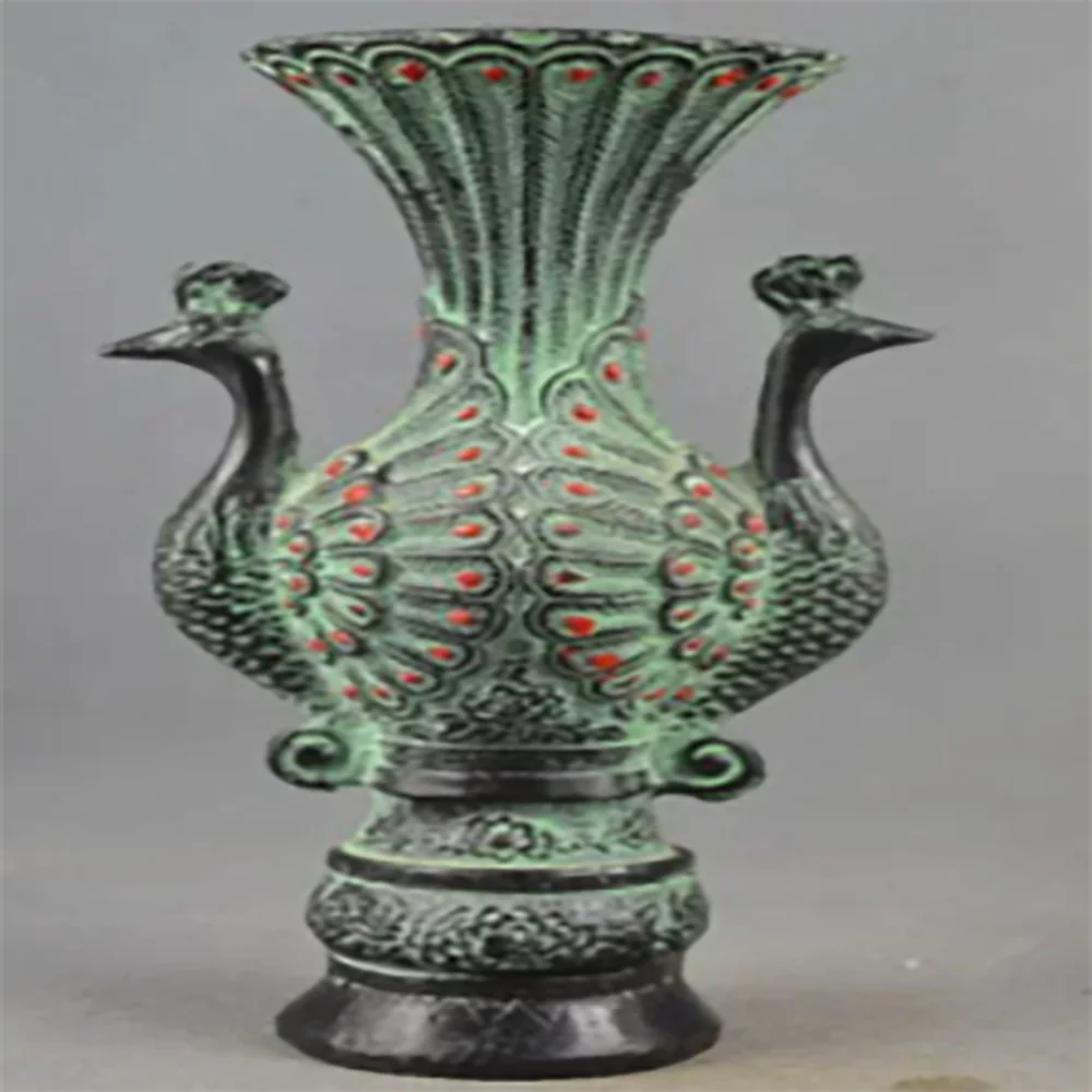 Collectable Handmade Old Bronze Carved Double-Sided Tail Peacock Auspicious Vase
