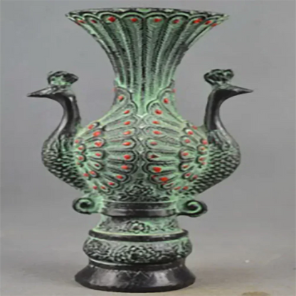 Collectable Handmade Old Bronze Carved Double-Sided Tail Peacock Auspicious Vase