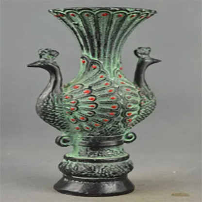 Collectable Handmade Old Bronze Carved Double-Sided Tail Peacock Auspicious Vase