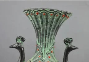 Collectable Handmade Old Bronze Carved Double-Sided Tail Peacock Auspicious Vase