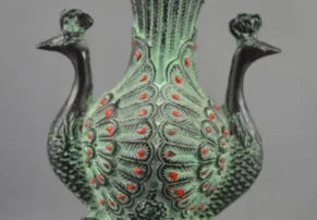 Collectable Handmade Old Bronze Carved Double-Sided Tail Peacock Auspicious Vase