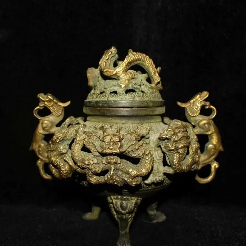Collectable Handwork Copper Carve Dragon & Lizard Souvenir Noble Incense Burner