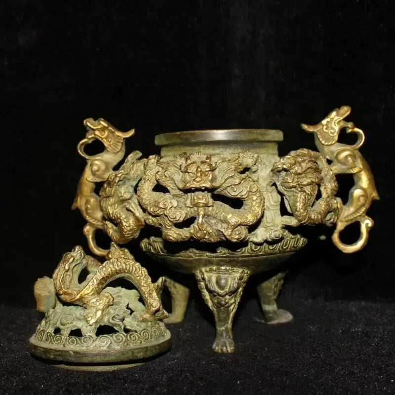 Collectable Handwork Copper Carve Dragon & Lizard Souvenir Noble Incense Burner