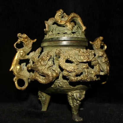 Collectable Handwork Copper Carve Dragon & Lizard Souvenir Noble Incense Burner