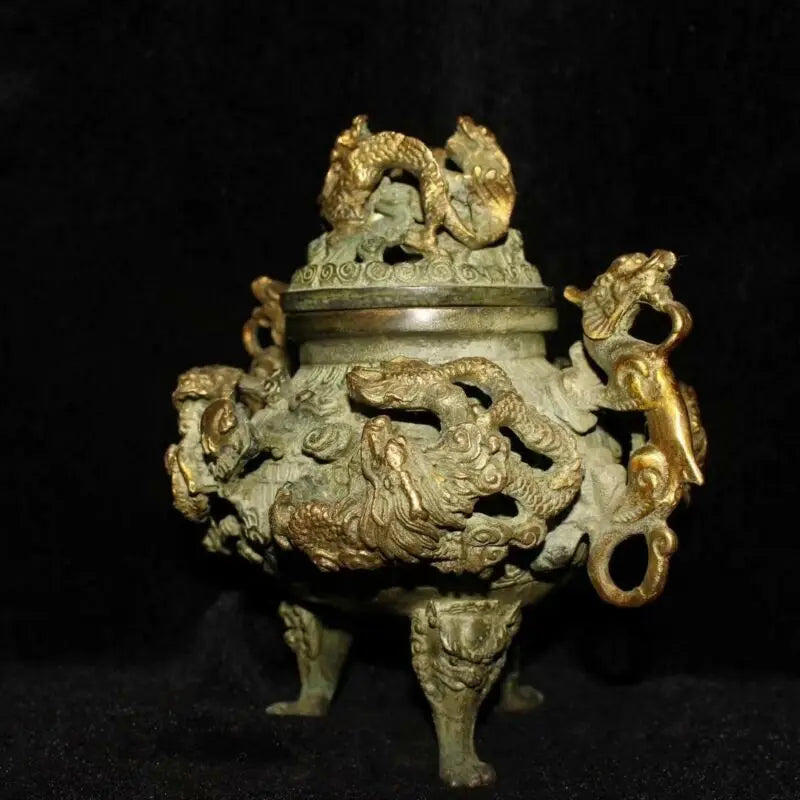 Collectable Handwork Copper Carve Dragon & Lizard Souvenir Noble Incense Burner