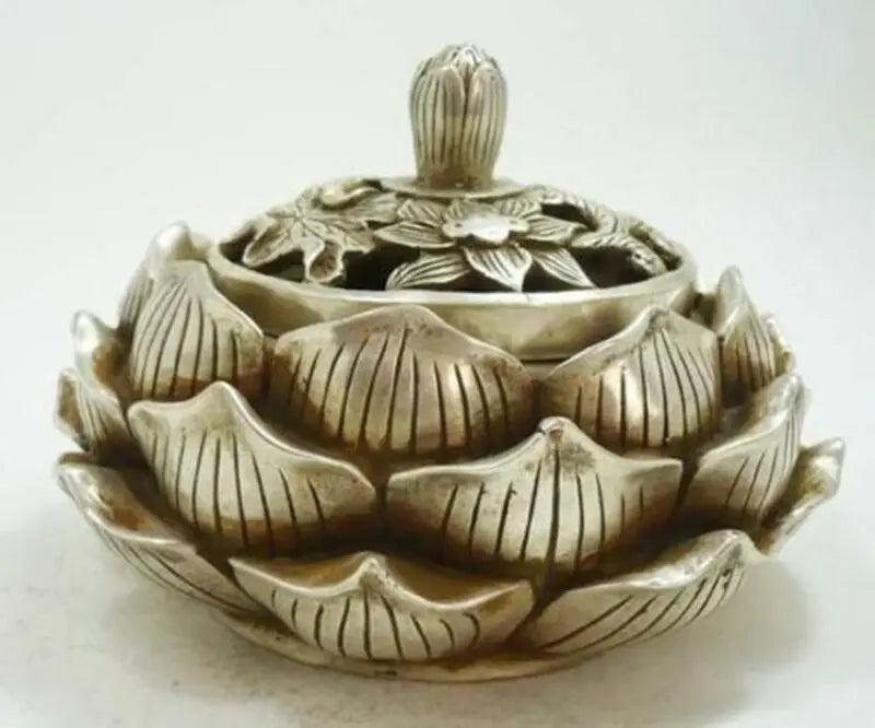 Collectable Tibetan Silver Lotus Flower Figure Censer Beautiful Incense Burner