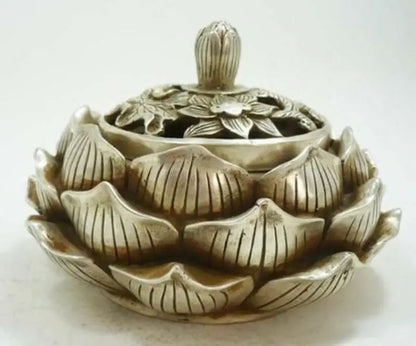 Collectable Tibetan Silver Lotus Flower Figure Censer Beautiful Incense Burner