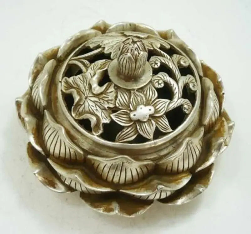 Collectable Tibetan Silver Lotus Flower Figure Censer Beautiful Incense Burner